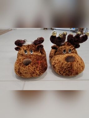 Brown Reindeer Plush Slippers with Bells Size Small
